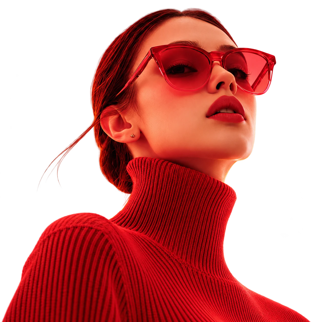 Portrait of a woman in red sunglasses and a red turtleneck